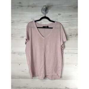 Tahari Shirt Womens 1X Pink 100% Linen V Neck Short Sleeve Lightweight Plus